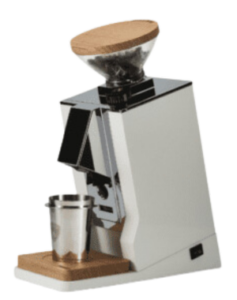 Eureka Mignon Oro coffee grinder showcasing sleek modern design with wooden and chrome accents.