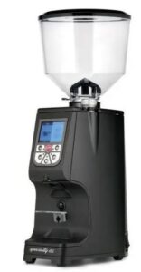 Eureka Atom Specialty 65 coffee grinder with clear bean hopper and digital interface.