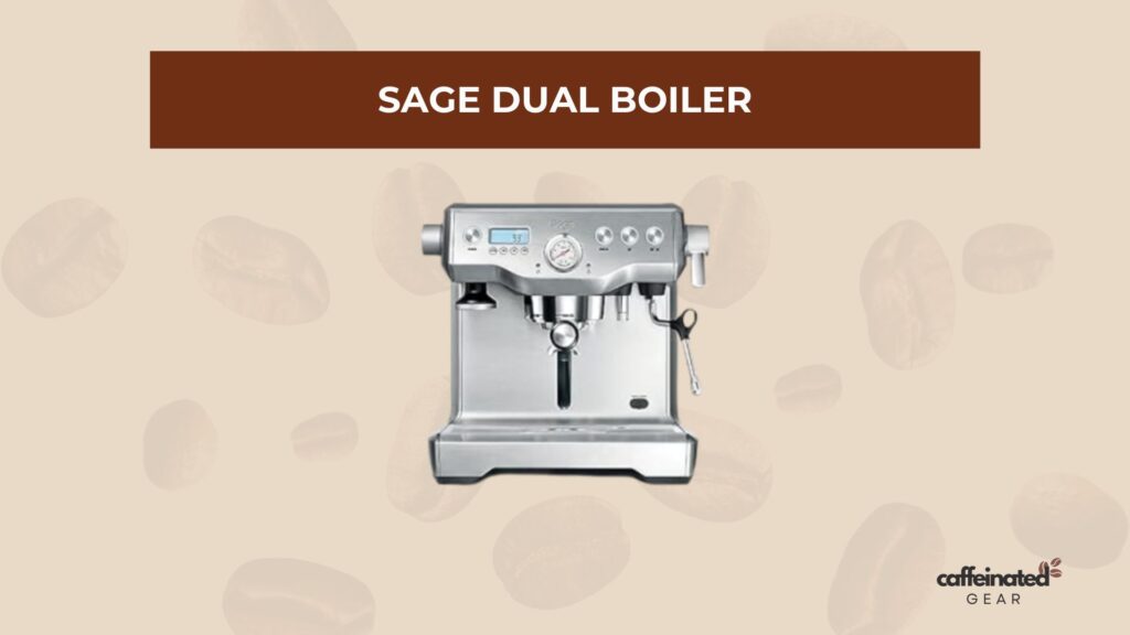 Sage Dual Boiler coffee machine, silver, with detailed display and steaming wand on beige coffee bean background.