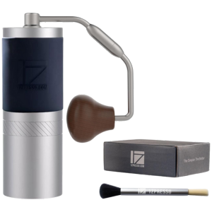 1Zpresso-J manual coffee grinder set including a dark blue body, cleaning brush, and minimalist packaging.