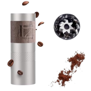 1Zpresso Q manual coffee grinder with premium design, scattering whole beans, fine grounds and intricate burr mechanism.