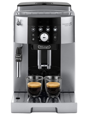 DeLonghi ECAM250, the best coffee machine brewing two espresso shots into clear glasses.