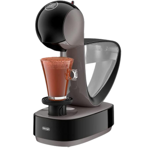 DeLonghi-Nescafe-Dolce-Gusto-Infinissima Coffee Machine with filled glass mug in a sleek black design.