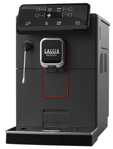 Gaggia Magenta Plus automatic espresso machine showcasing touchscreen controls and sleek black design.