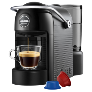 Lavazza A Modo Mio Jolie espresso machine dispensing robust, aromatic coffee into a glass cup.