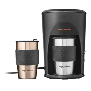 Morphy Richards sleek, modern coffee maker with matching copper-hued travel mug for on-the-go convenience.
