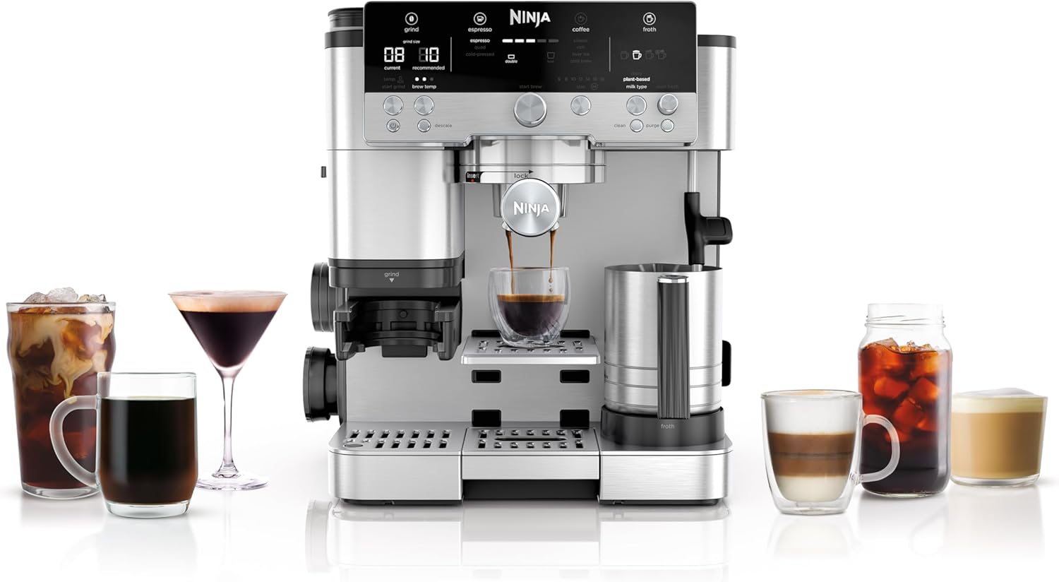 Ninja Luxe Cafe espresso machine with range of specialty coffee drinks like latte and espresso martini.