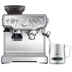Sage Barista Express, a top-rated coffee machine featuring built-in grinder and dual brewing spouts.
