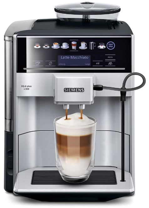 Siemens EQ6 coffee machine, sleek design featuring a digital interface and dual-nozzle system.