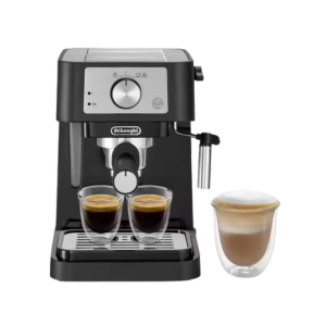 Stilosa espresso machine brewing dual cups and latte, featuring sleek design and user-friendly controls.
