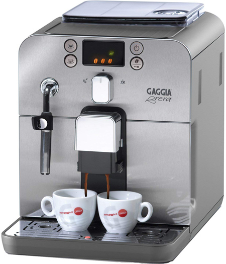 Gaggia Brera bean-to-cup coffee machine pouring espresso into two white cups.