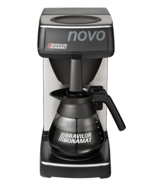 Bravilor Bonamat Novo commercial filter coffee machine featuring sleek, compact design and glass coffee pot.