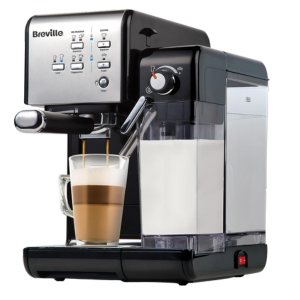 Breville One Touch espresso machine showcasing sleek design and advanced features for brewing and frothing.