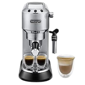DeLonghi Dedica Style EC685M espresso machine with a cappuccino cup, demonstrating its brewing versatility.