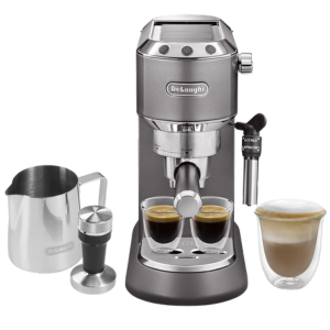 DeLonghi EC785 espresso machine with essential accessories and freshly brewed coffee showcased.