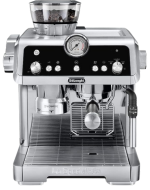 DeLonghi La Specialista EC9335.M espresso machine with modern design, analog gauge, and bean hopper.