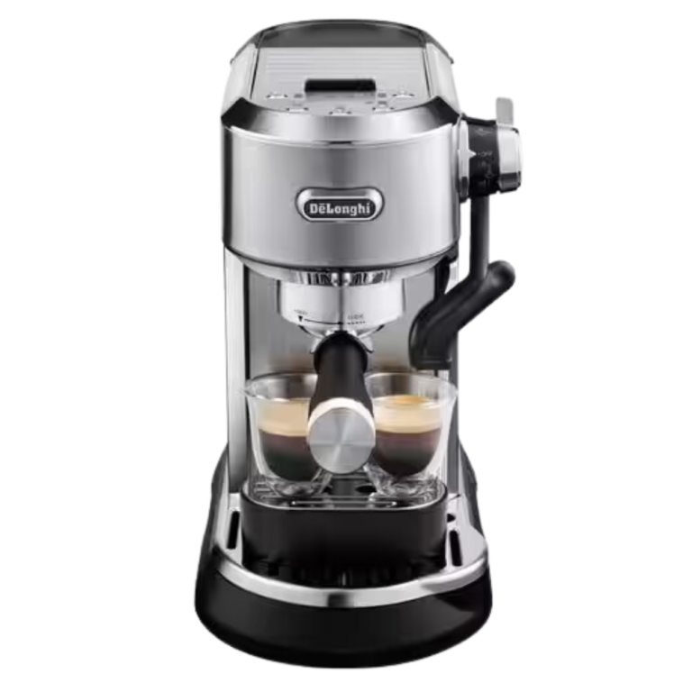 DeLonghi sleek espresso machine showcasing stainless steel design, equipped with portafilter and steam wand.