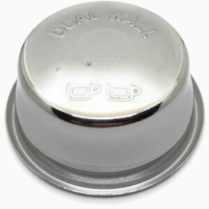 Dual-walled pressured filter basket for espresso machines featuring embossed text and coffee cup symbols.