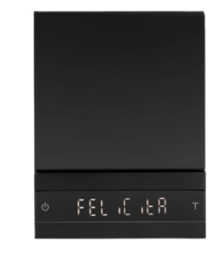 Felicita Parallel professional black digital coffee scale featuring touch-sensitive buttons and clear display.