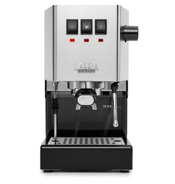 Gaggia Classic Pro E24 espresso machine featuring sleek design, portafilter, and adjustable steam wand.