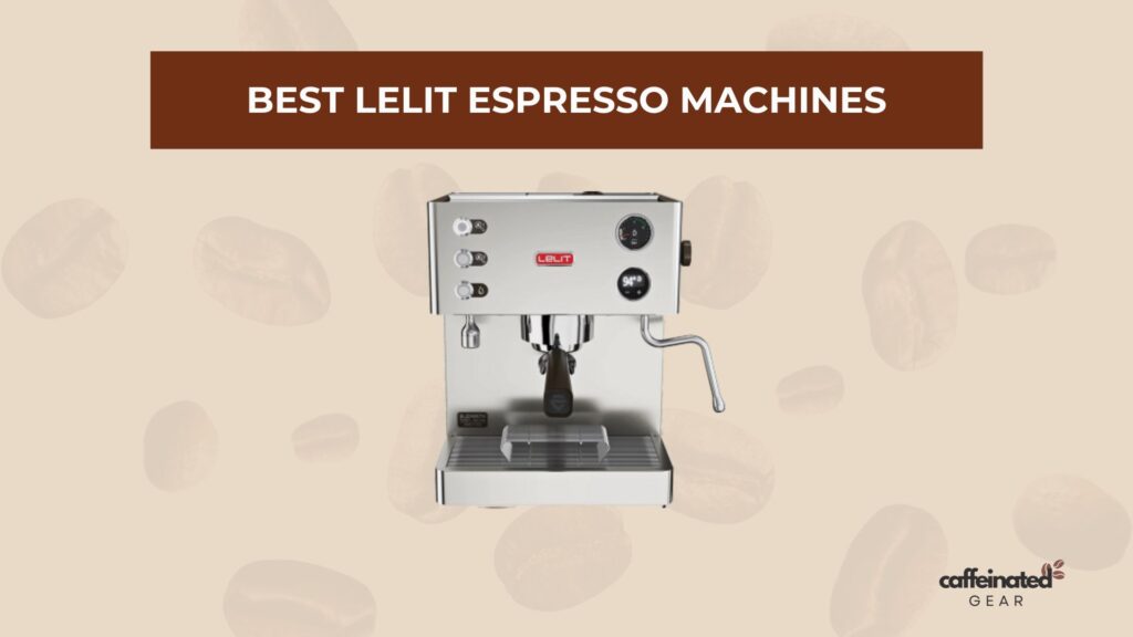 Lelit Bianca V3 professional-quality espresso machine with sleek controls on a coffee bean-patterned background.