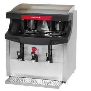 Marco Maxibrew commercial filter coffee machine showcasing modern, stainless steel design with three dispensers.