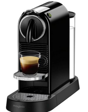 Nespresso-Citiz Vertuo espresso machine in use, with freshly brewed coffee in a transparent cup.