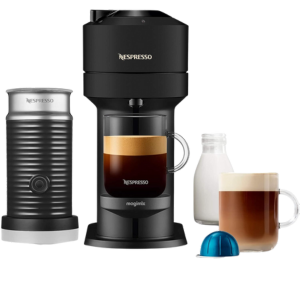 Nespresso Vertuo Next machine set with fresh espresso, milk frother, and blue coffee capsule.