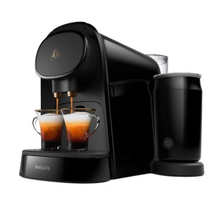 PHILIPS LOR Barista nespresso vertuo: sleek, dual-nozzle espresso machine with attached milk frother.