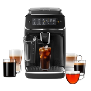Philips 3200 latte machine brewing various coffee styles, including iced coffee, espresso, and cappuccino.