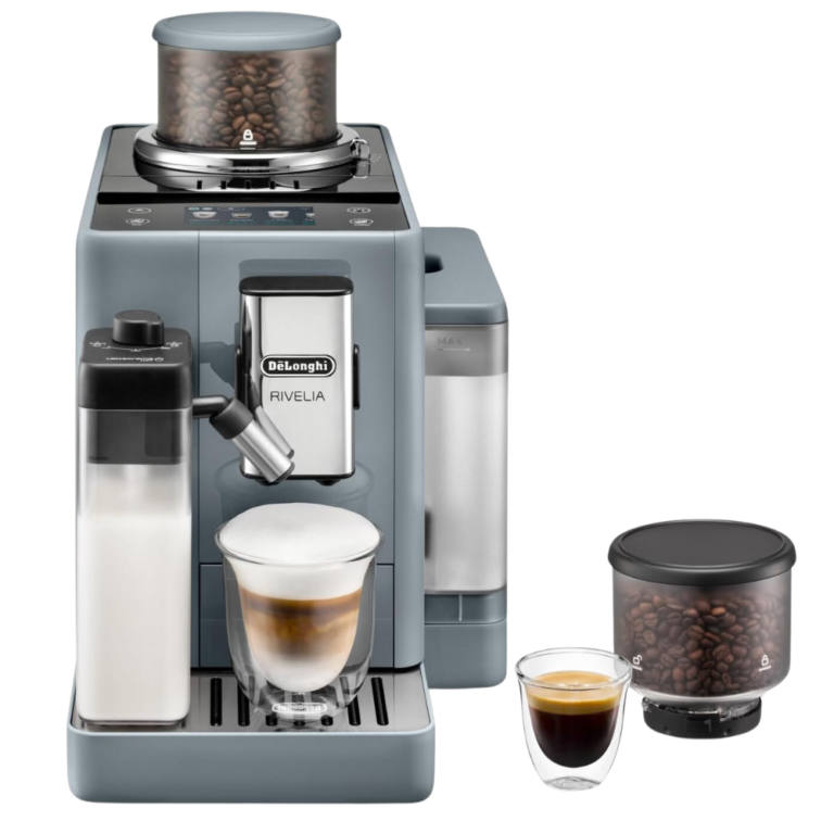 Rivelia-delonghi espresso machine with fresh coffee beans and creamy layered coffee in a glass cup.