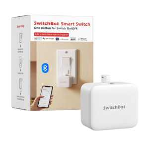 SwitchBot Smart Switch shown with user-friendly packaging, highlighting Bluetooth connectivity and smartphone controls.