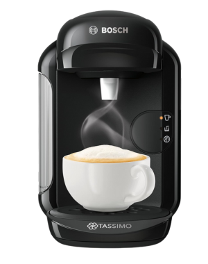 TASSIMO Bosch Vivy 2 coffee machine brewing frothy latte in a white cup.