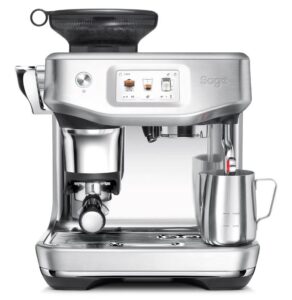 Sage bean-to-cup coffee machine with touchscreen controls, integrated grinder and steam wand.