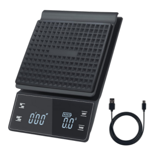 Bemece digital coffee scale with illuminated display, rechargeable via USB cable, in sleek black design.
