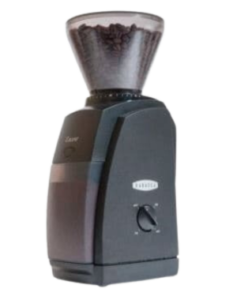 Baratza Encore premium coffee grinder with adjustable settings, filled transparent bean hopper, and sleek design.
