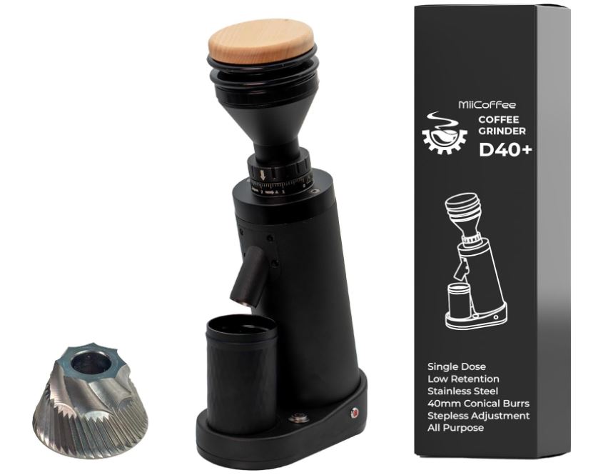 D40+ best coffee grinder in matte black finish alongside its informative black and white packaging box.