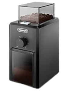 DeLonghi KG79 Burr Grinder featuring modern design with adjustable control knob and transparent bean and grounds containers.