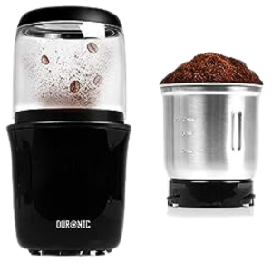 Duronic Electric Coffee Grinder CG250 featuring sleek design, filled with whole coffee beans and ground coffee.