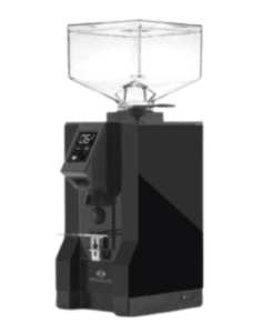 Eureka Mignon Specialita modern coffee grinder featuring a sleek black design, transparent hopper, and digital interface.