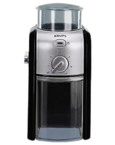 Krups Expert GVX231 coffee grinder featuring sleek design, transparency for easy monitoring, and adjustable settings.