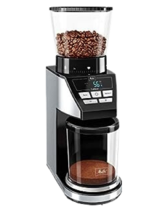 Melitta Calibra electric coffee grinder with a digital display and sleek black design.
