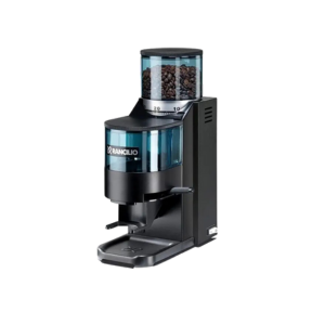Rancilio Rocky coffee grinder featuring a sleek, modern design with a transparent hopper and black finish.