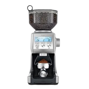 Sage Smart Grinder Pro featuring modern metallic design, digital display screen, and transparent coffee bean hopper.