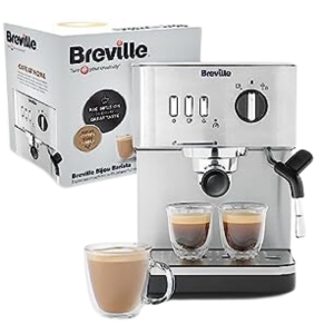 Breville Bijou Espresso Machine dispensing fresh coffee into glass cups, paired with cappuccino in a mug.