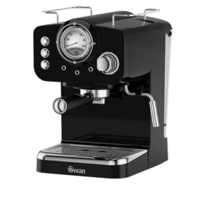 Cheap espresso machines - stylish Swan Retro coffee machine with chrome accents and advanced controls.