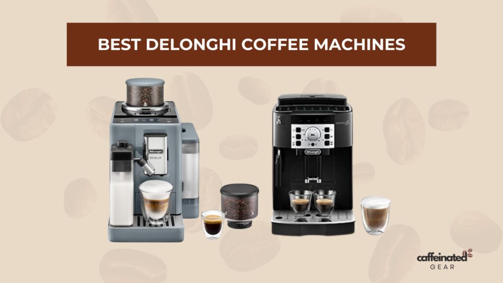 Delonghi coffee machines featuring modern design, brewing options, and freshly brewed coffee examples.