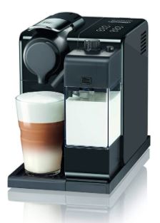 Lattissima Touch Nespresso Vertuo machine brewing a layered latte in modern kitchen.