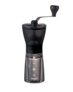 Hario Mini Mill Slim Plus manual coffee grinder showcasing sleek design and transparent compartments.