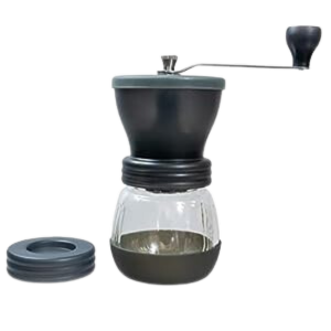Hario Skerton Plus manual coffee grinder with an ergonomic handle and transparent glass jar.